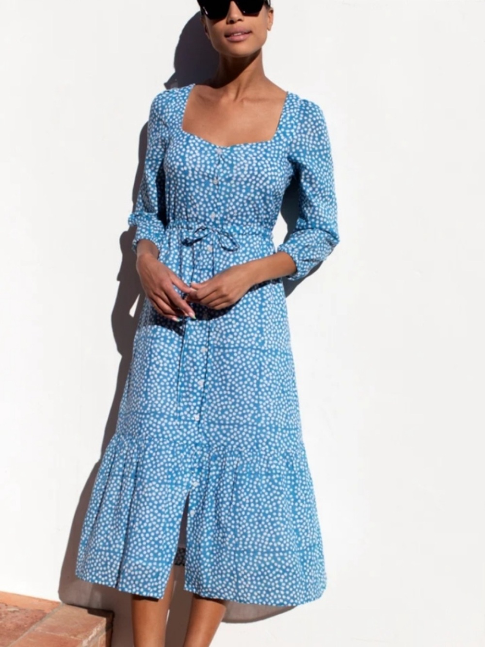 Emerson Fry India Collection Dress Lucy Meadow Midi in Painterly Blue Dots